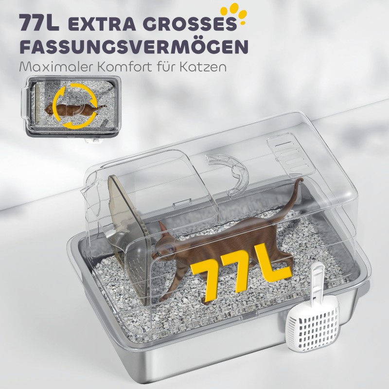 Kissanvessa ruostumattomasta teräksestä, suodatin ja lapio, kissoille max 6 kg, 40,5 x 60,5 x 41,5 cm, harmaa/hopea