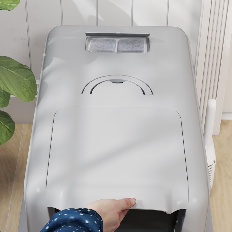 Kissanvessa ruostumattomasta teräksestä, suodatin ja lapio, kissoille max 6 kg, 40,5 x 60,5 x 41,5 cm, harmaa/hopea