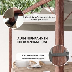 Puutarhan pergola ulkokäyttöön 3 x 3 m, säädettävä katos, alumiinirunko, luonnonpuun sävy