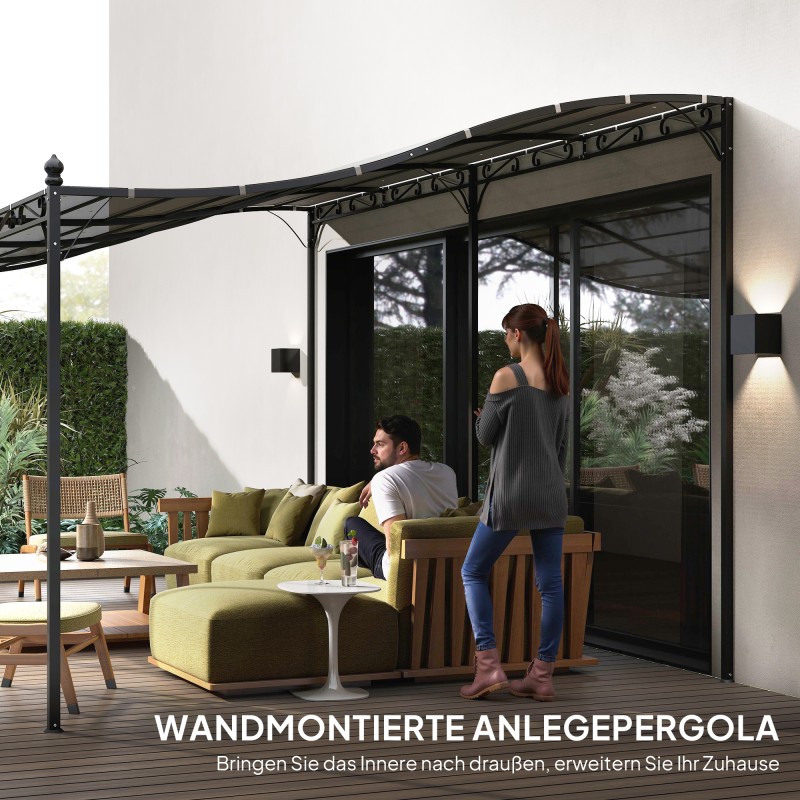 Seinään kiinnitettävä pergola metallirungolla 3 x 5 m, vedenpitävä katos, tummanharmaa