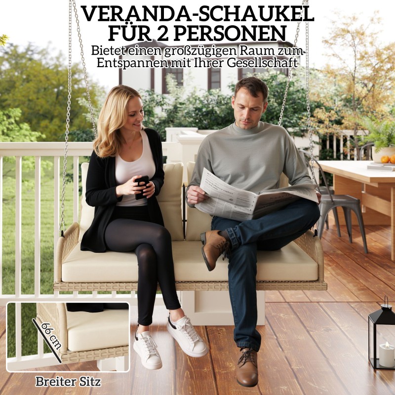 Kahden hengen rottinkinen riippukeinu ulkokäyttöön 115 x 66 x 44 cm, kantavuus 240 kg, beige