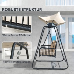 Kahden hengen rottinkinen puutarhakeinu aurinkokatoksella ja tyynyillä 149 x 121 x 180 cm musta/khaki