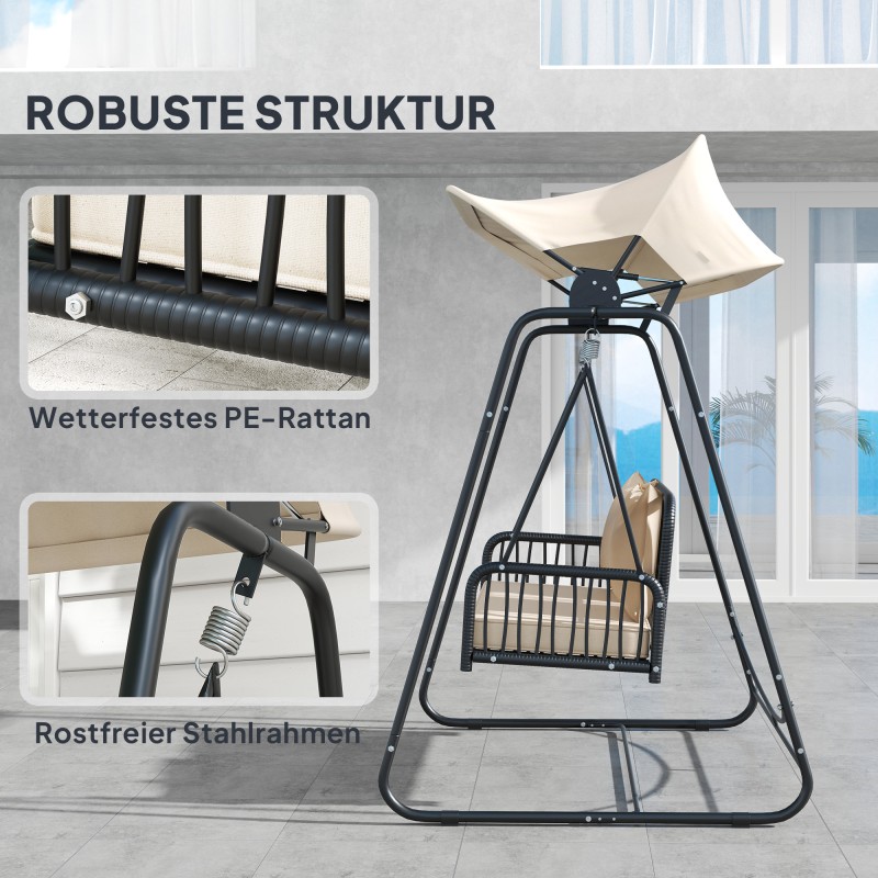 Kahden hengen rottinkinen puutarhakeinu aurinkokatoksella ja tyynyillä 149 x 121 x 180 cm musta/khaki