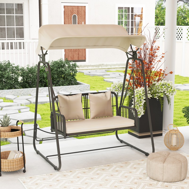 Kahden hengen rottinkinen puutarhakeinu aurinkokatoksella ja tyynyillä 149 x 121 x 180 cm musta/khaki