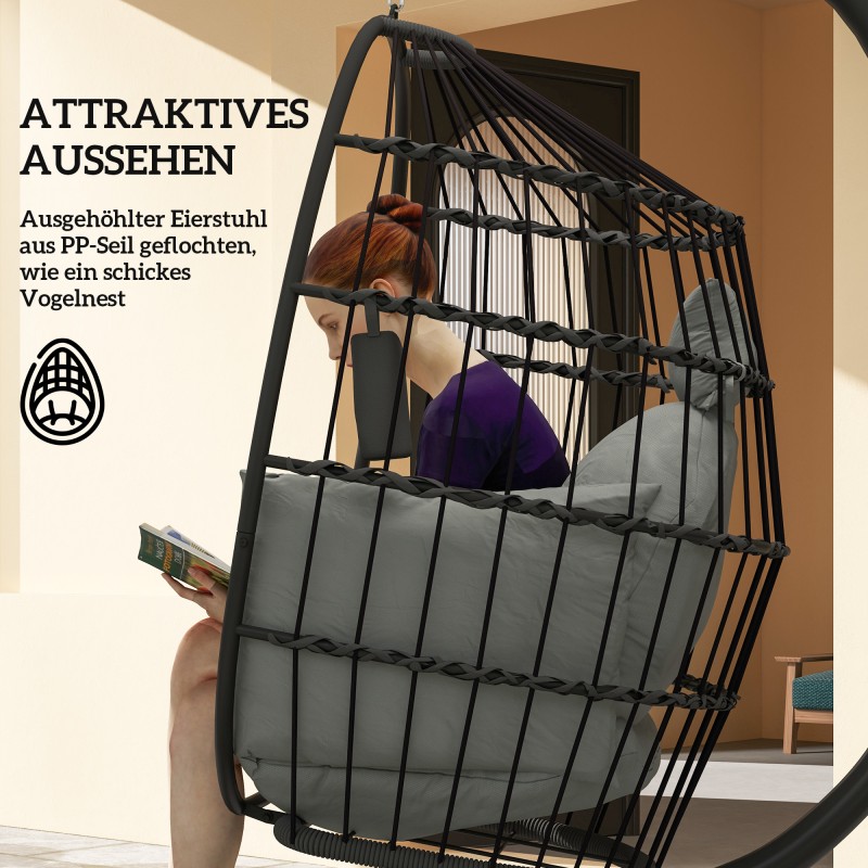 Riipputuoli ulkokäyttöön jalustalla, taitettava koriosuus ja paksut tyynyt, musta/tummanharmaa