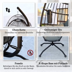 Riipputuoli ulkokäyttöön jalustalla, taitettava koriosuus ja paksut tyynyt, musta/tummanharmaa