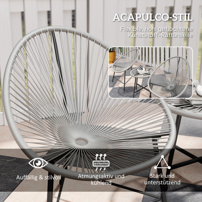 Parvekekalustesetti ulos 3 osaa, 2 Acapulco-tuolia ja lasipöytä, teräs ja harmaa PE-rottinki