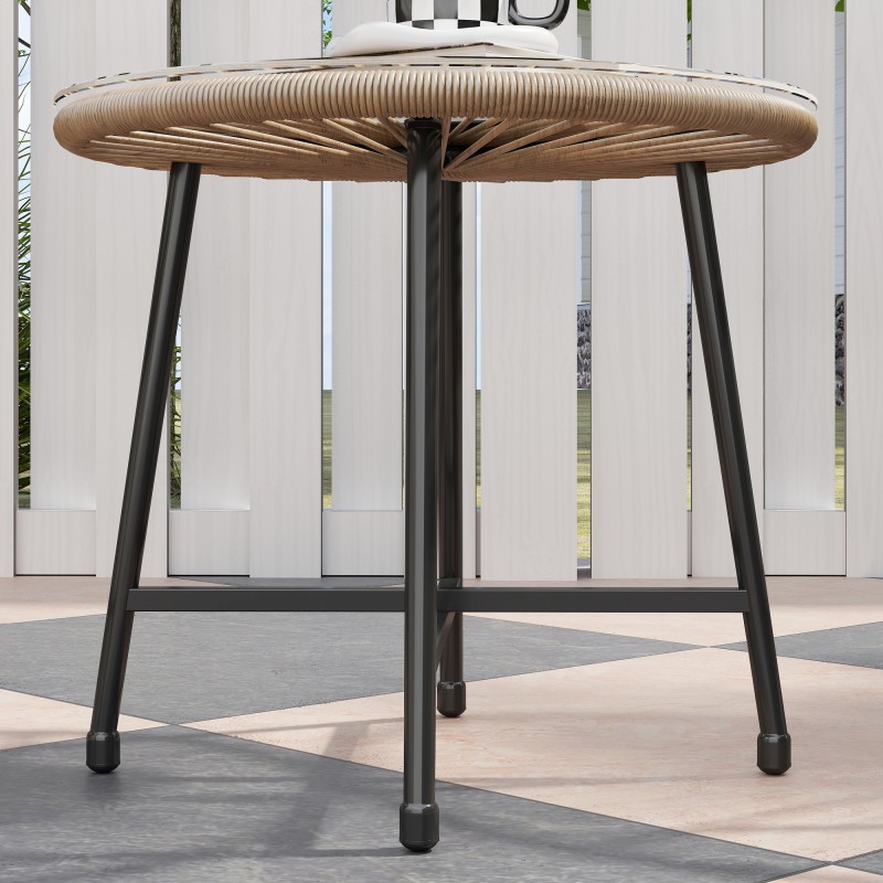 Puutarhakalustesetti ulos 3 osaa, 2 muovirottinkituolia ja lasikantinen pöytä, teräsrunko, musta/puunsävy