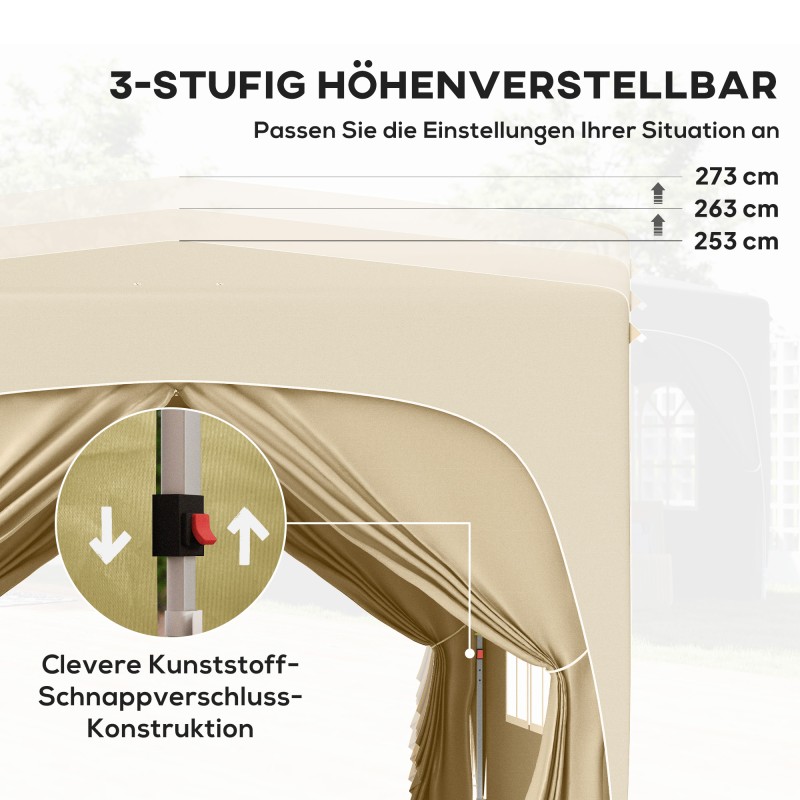 Puutarhapaviljonki pop up 3 x 3 m sivuseinillä ja kantolaukulla UPF50+ hiekanvärinen