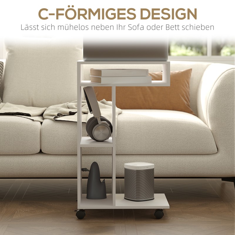 Sivupöytä C-mallinen, 3 lokeroa, 4 pyörää, lastulevy, 40 x 30 x 69 cm, valkoinen