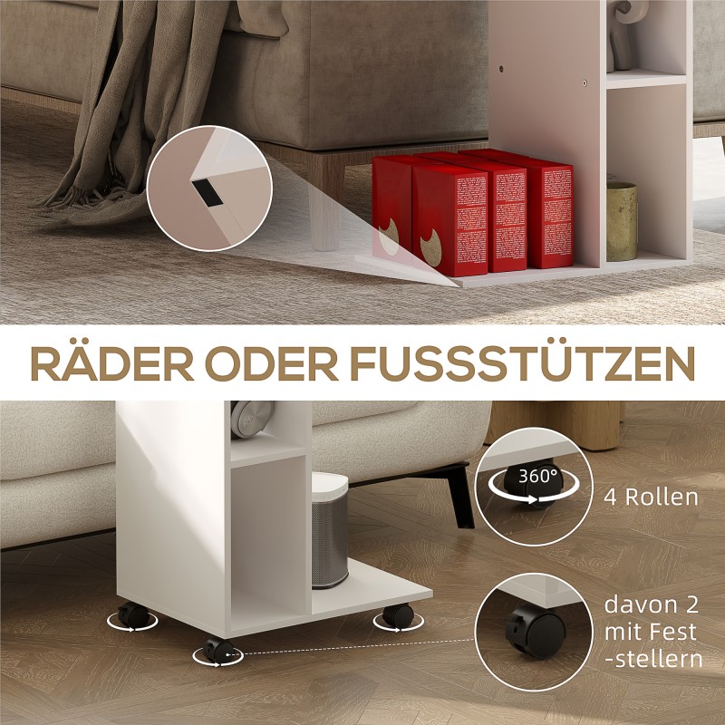 Sivupöytä C-mallinen, 3 lokeroa, 4 pyörää, lastulevy, 40 x 30 x 69 cm, valkoinen