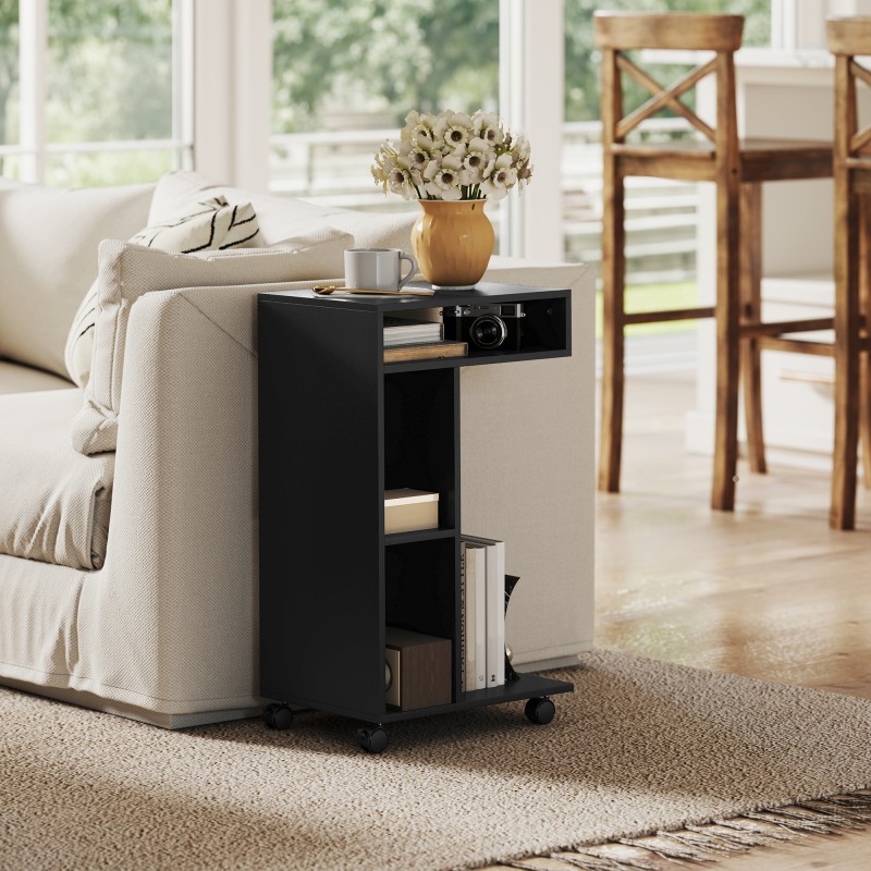 Sivupöytä C-muotoinen, 3 lokeroa, rullilla, 40 x 30 x 69 cm, musta