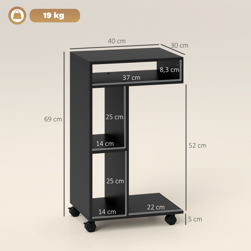 Sivupöytä C-muotoinen, 3 lokeroa, rullilla, 40 x 30 x 69 cm, musta