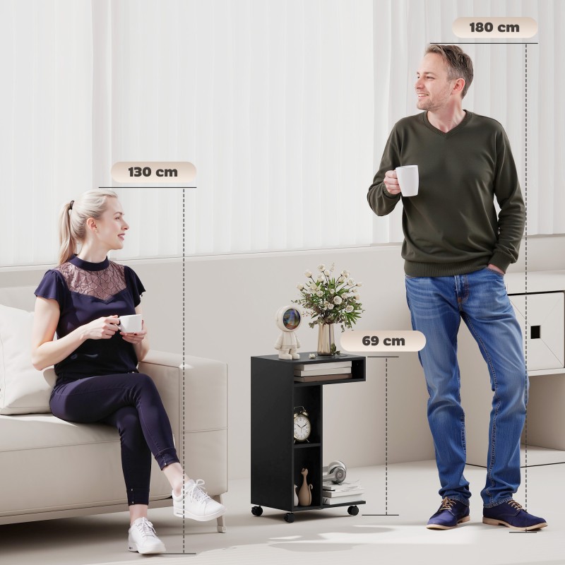 Sivupöytä C-muotoinen, 3 lokeroa, rullilla, 40 x 30 x 69 cm, musta