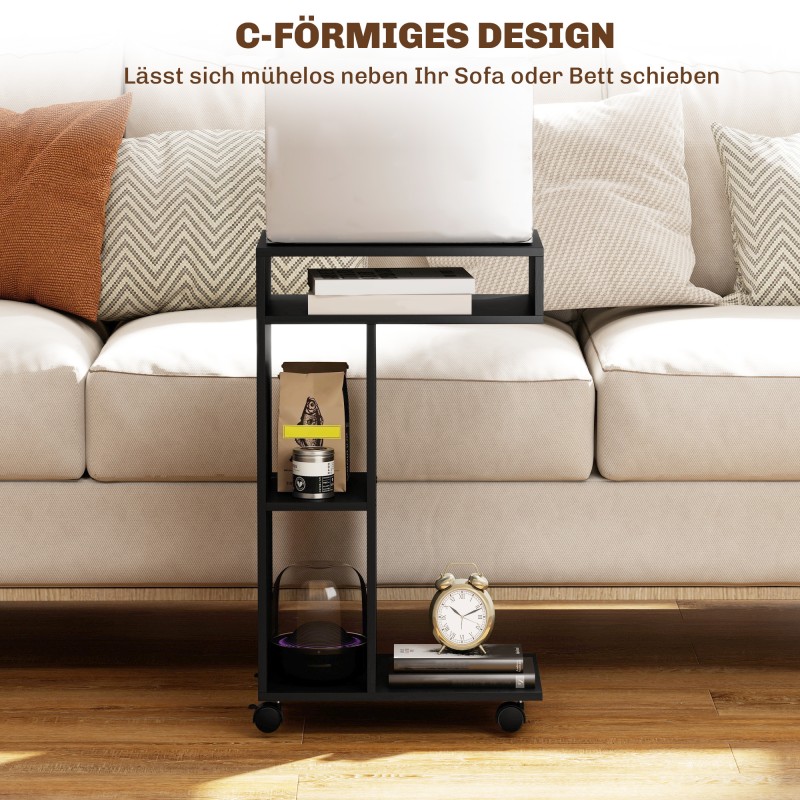 Sivupöytä C-muotoinen, 3 lokeroa, rullilla, 40 x 30 x 69 cm, musta