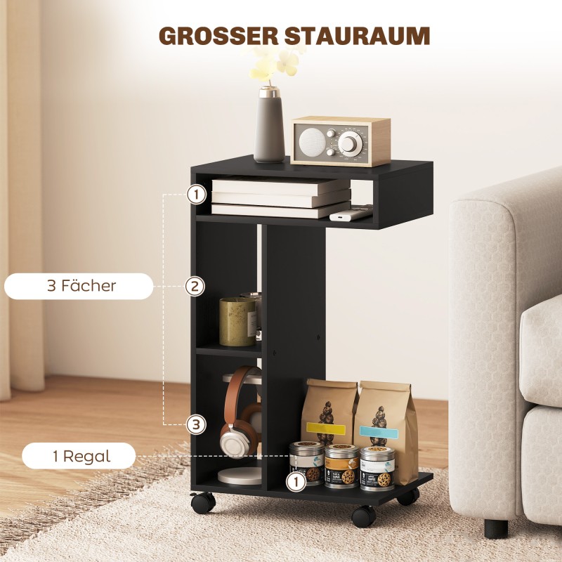 Sivupöytä C-muotoinen, 3 lokeroa, rullilla, 40 x 30 x 69 cm, musta