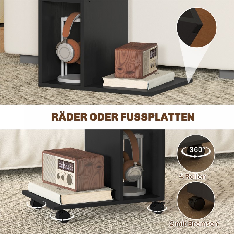 Sivupöytä C-muotoinen, 3 lokeroa, rullilla, 40 x 30 x 69 cm, musta