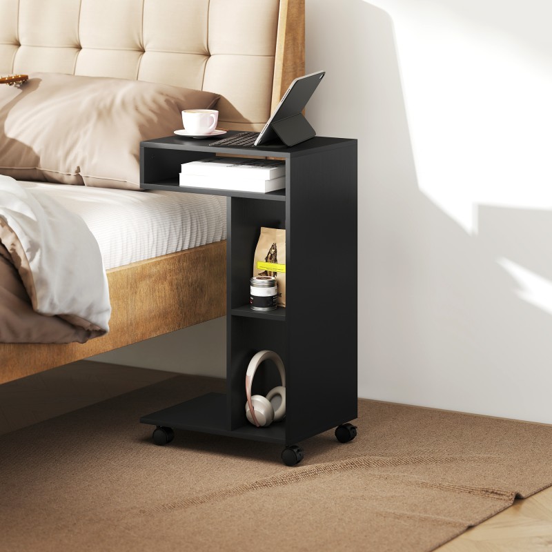 Sivupöytä C-muotoinen, 3 lokeroa, rullilla, 40 x 30 x 69 cm, musta