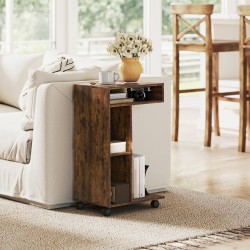 Sivupöytä C-mallinen, 3 hyllyä, 4 pyörää, lastulevy, 40 x 30 x 69 cm, rustiikinruskea