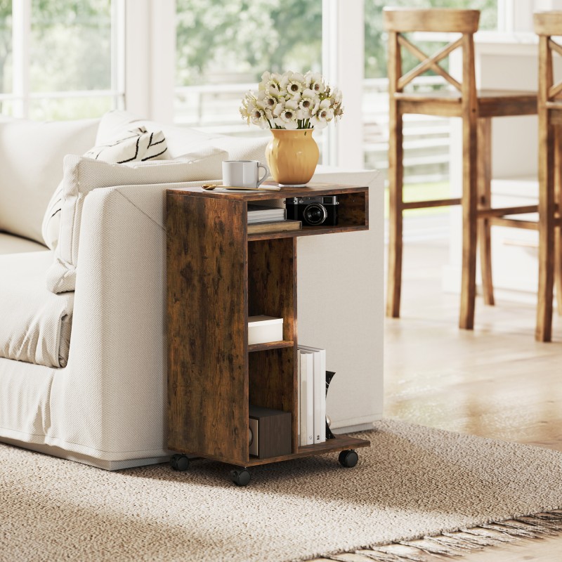 Sivupöytä C-mallinen, 3 hyllyä, 4 pyörää, lastulevy, 40 x 30 x 69 cm, rustiikinruskea