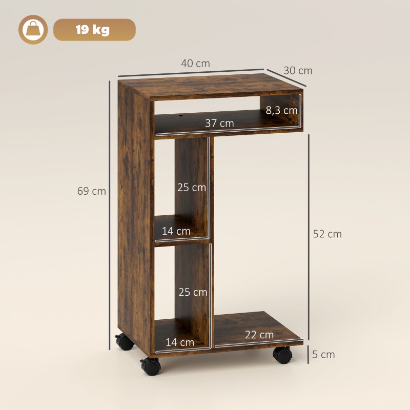 Sivupöytä C-mallinen, 3 hyllyä, 4 pyörää, lastulevy, 40 x 30 x 69 cm, rustiikinruskea