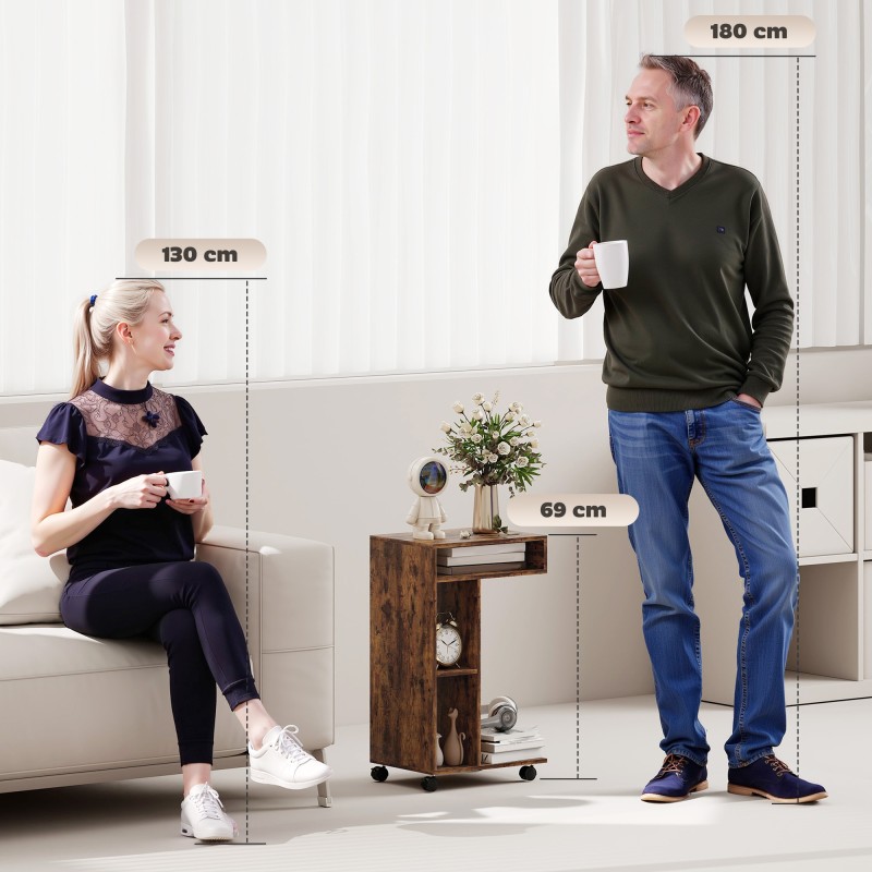 Sivupöytä C-mallinen, 3 hyllyä, 4 pyörää, lastulevy, 40 x 30 x 69 cm, rustiikinruskea