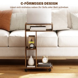 Sivupöytä C-mallinen, 3 hyllyä, 4 pyörää, lastulevy, 40 x 30 x 69 cm, rustiikinruskea