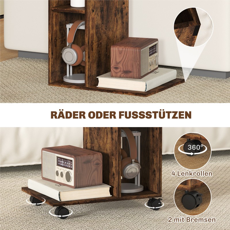 Sivupöytä C-mallinen, 3 hyllyä, 4 pyörää, lastulevy, 40 x 30 x 69 cm, rustiikinruskea