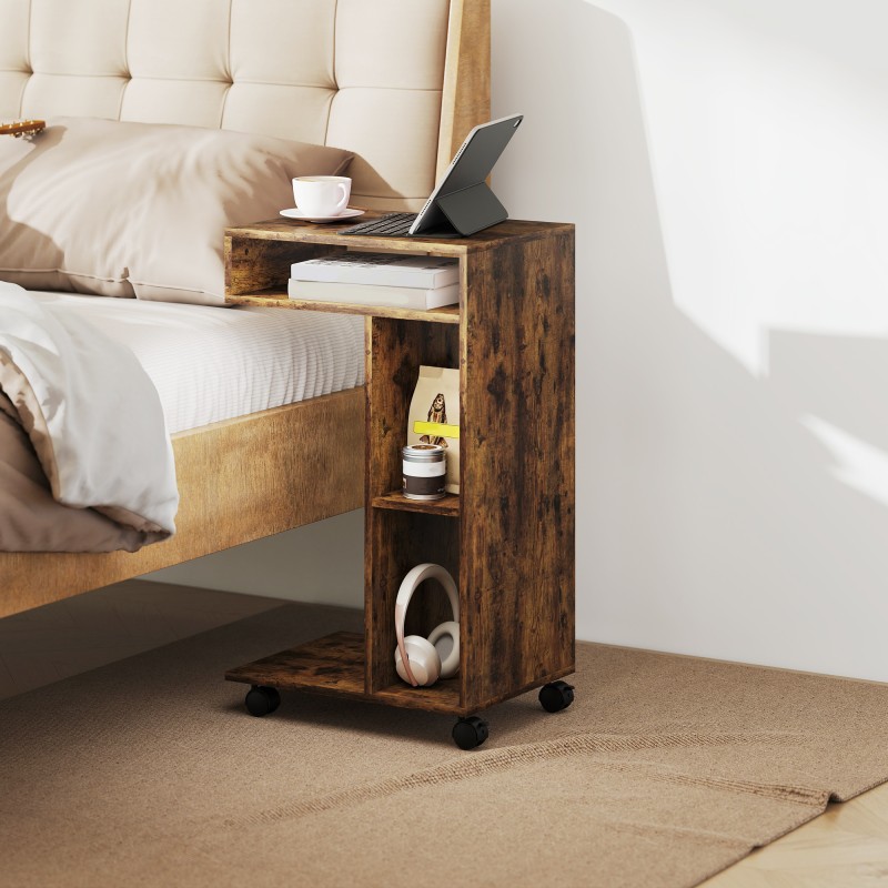 Sivupöytä C-mallinen, 3 hyllyä, 4 pyörää, lastulevy, 40 x 30 x 69 cm, rustiikinruskea