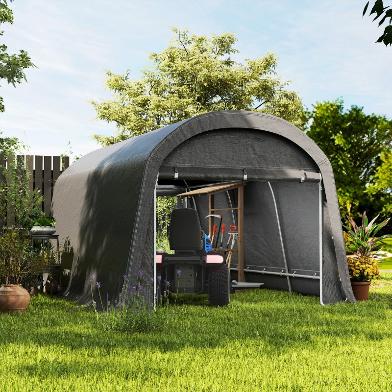 Ulkovarastosuoja pyörille ja puutarhatyökaluille, teräsrunko ja pressukate, 300 x 450 x 230 cm, tummanharmaa