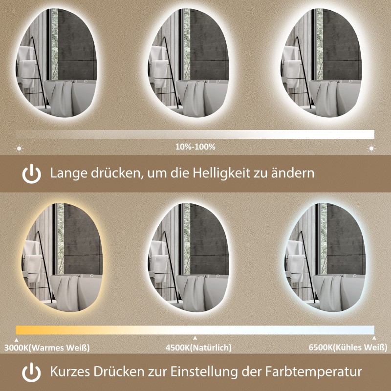 Kylpyhuoneen peili LED-valaistuksella 70 x 50 cm epäsymmetrinen huurteenesto hopea