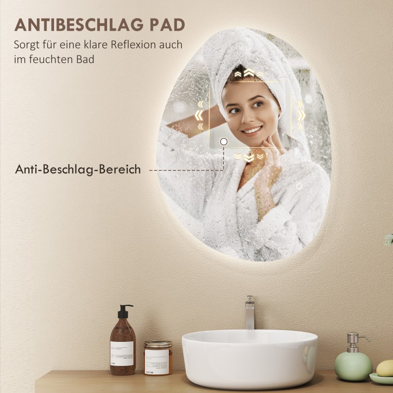 Kylpyhuoneen peili LED-valaistuksella 70 x 50 cm epäsymmetrinen huurteenesto hopea