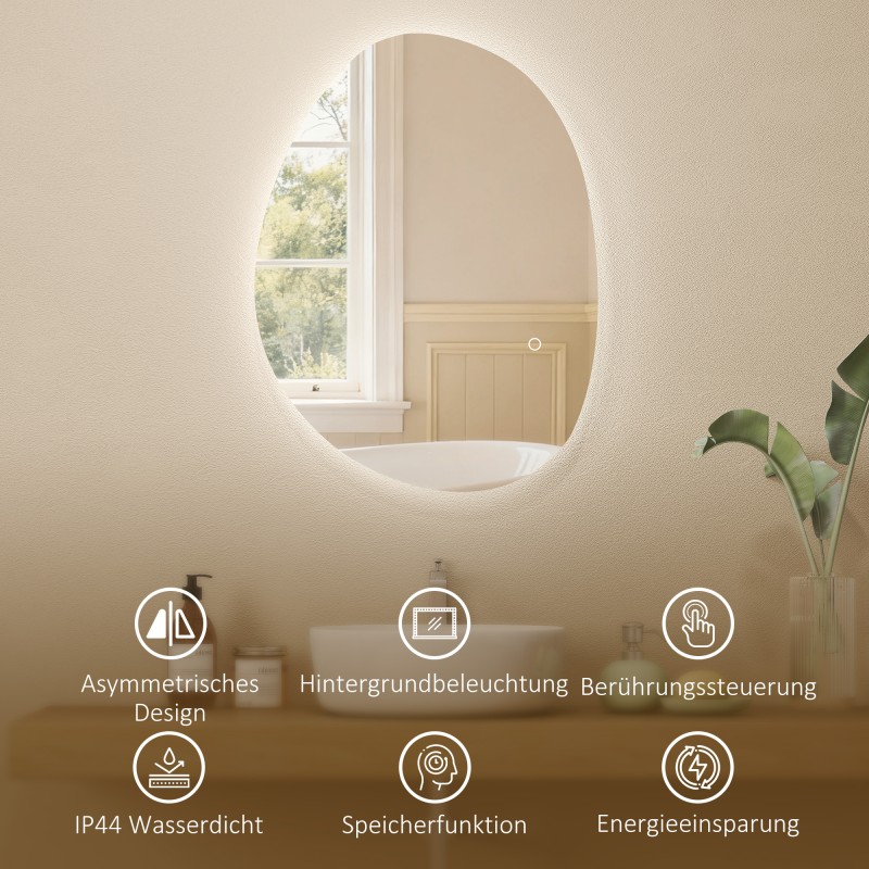 Kylpyhuoneen peili LED-valaistuksella 70 x 50 cm epäsymmetrinen huurteenesto hopea