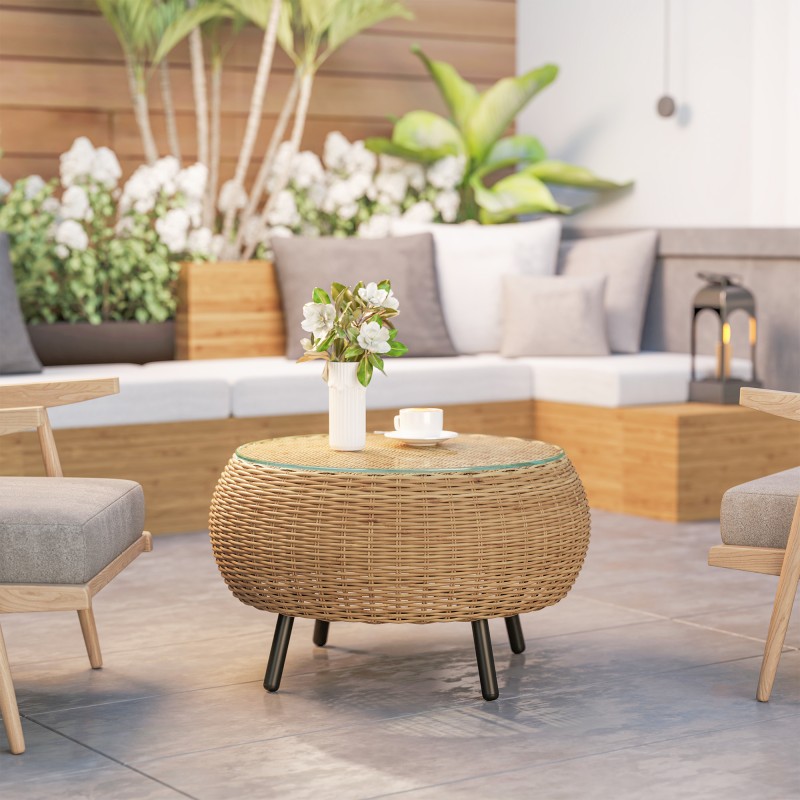 Polyrottinkinen sohvapöytä ulko- ja sisäkäyttöön Ø75 x 42 cm, lasikansi, ruskea