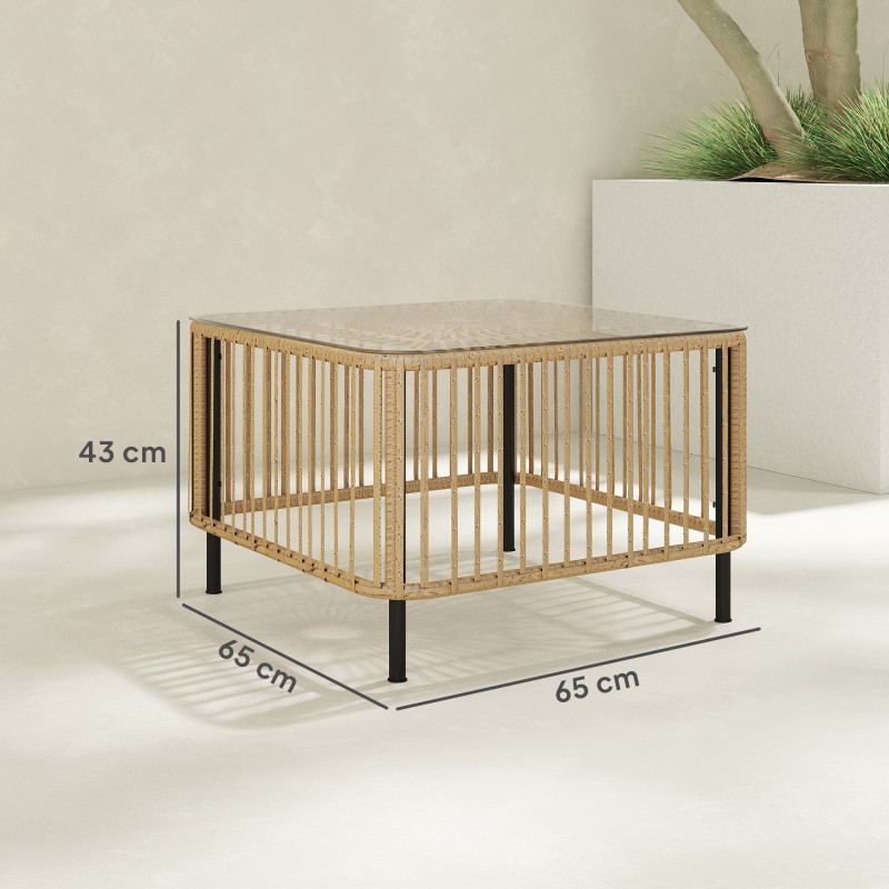 Puutarhapöytä sivupöytä polyrottinki ja lasi 65 x 65 x 43 cm luonnonpuun sävy