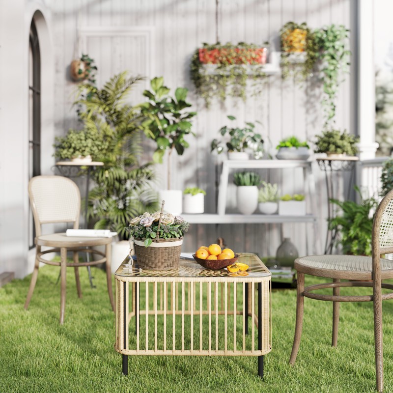 Puutarhapöytä sivupöytä polyrottinki ja lasi 65 x 65 x 43 cm luonnonpuun sävy