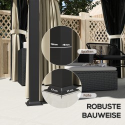 Puutarhapaviljonki metallikatolla 3 x 3 m, verhot ja hyttysverkot, tummanharmaa