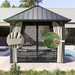 Puutarhapaviljonki metallikatolla 3 x 3 m, verhot ja hyttysverkot, tummanharmaa