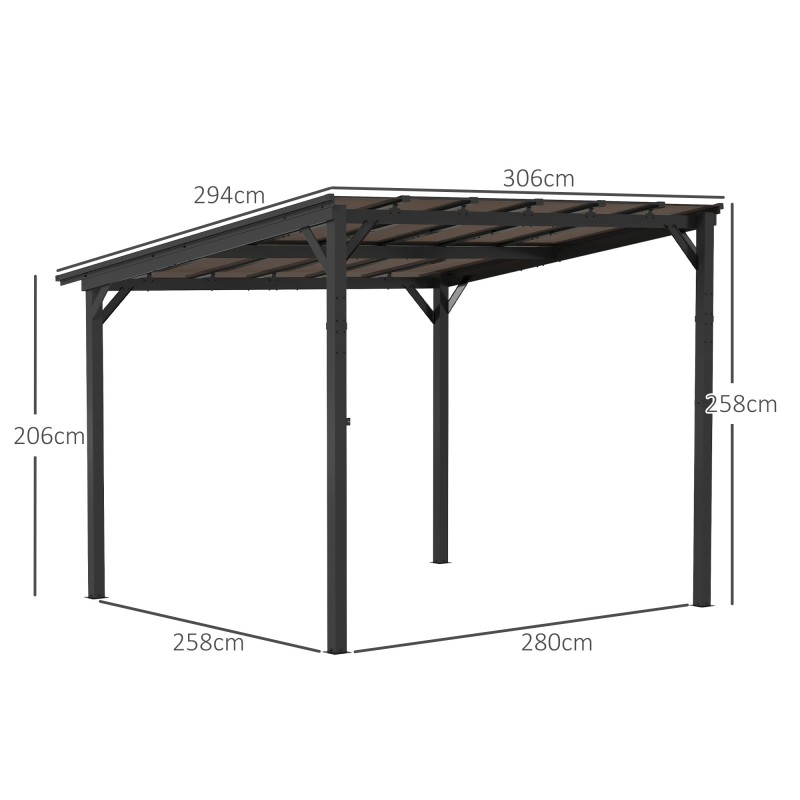 Metallinen puutarhapergola 3 x 3 m, vedenpitävä ja UV-suojattu, vapaasti seisova, tummanharmaa