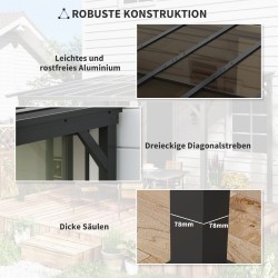 Metallinen puutarhapergola 3 x 3 m, vedenpitävä ja UV-suojattu, vapaasti seisova, tummanharmaa