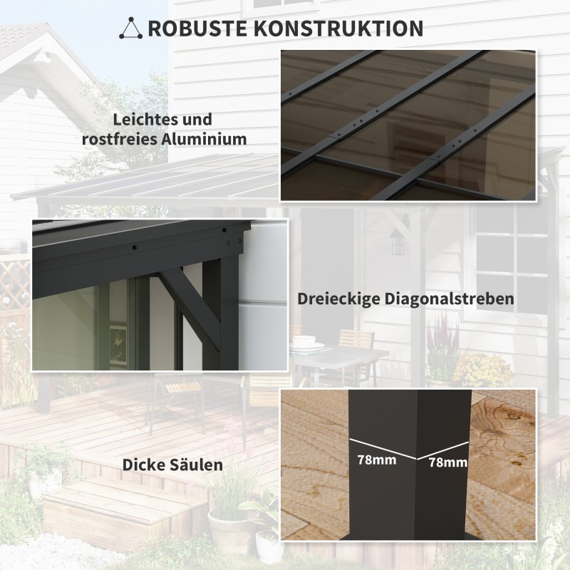 Metallinen puutarhapergola 3 x 3 m, vedenpitävä ja UV-suojattu, vapaasti seisova, tummanharmaa