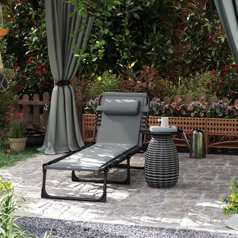 Taitettava aurinkotuoli ulkokäyttöön, teräsrunko ja pehmuste, sivutasku, tummanharmaa