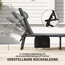 Taitettava aurinkotuoli ulkokäyttöön, teräsrunko ja pehmuste, sivutasku, tummanharmaa