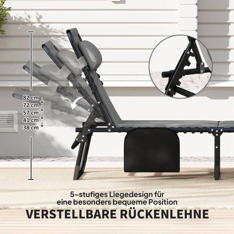 Taitettava aurinkotuoli ulkokäyttöön, teräsrunko ja pehmuste, sivutasku, tummanharmaa