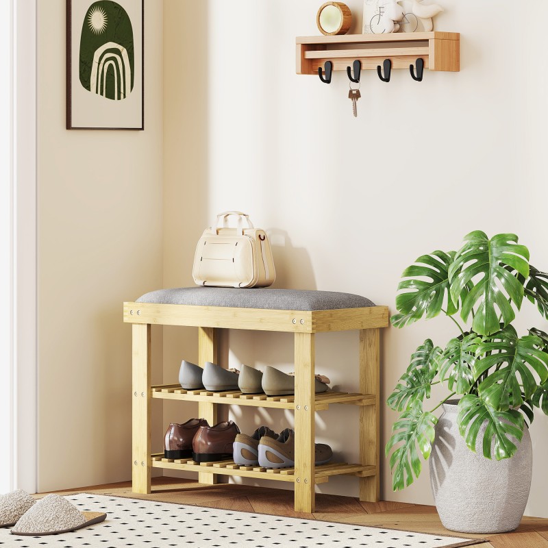 Kenkätaso istuimella bambua 60 x 29 x 49 cm harmaa luonnonpuu