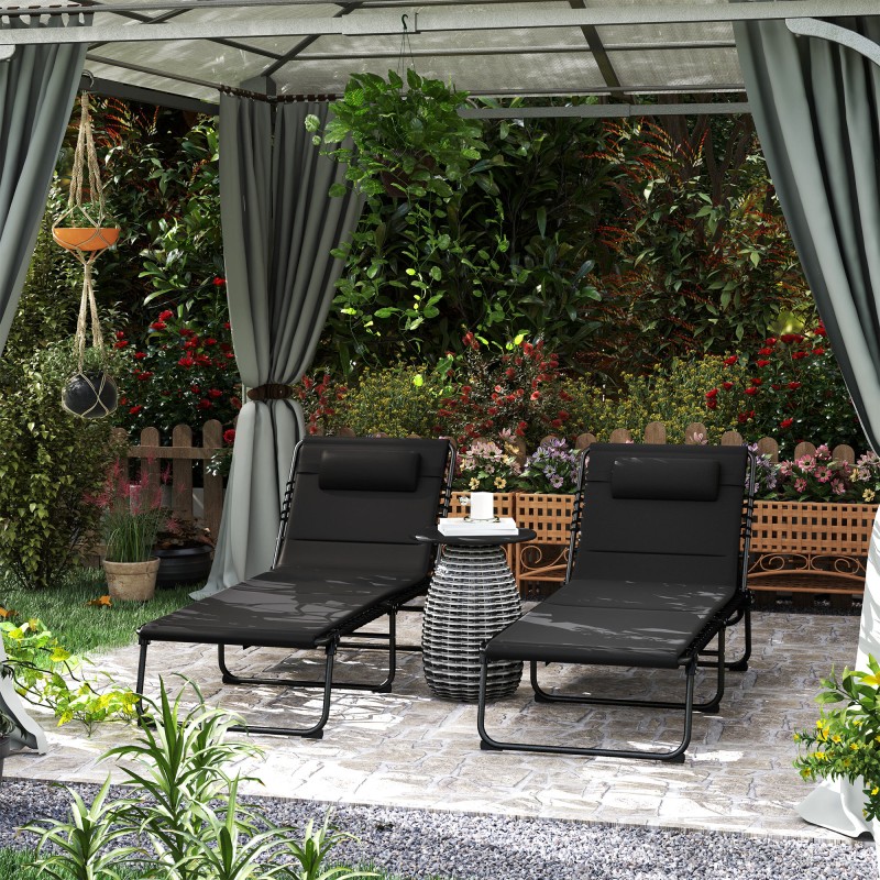 Taitettava ulkolepotuoli 2 kpl, säädettävä selkänoja, niskatyyny ja sivutasku, teräsrunko, musta