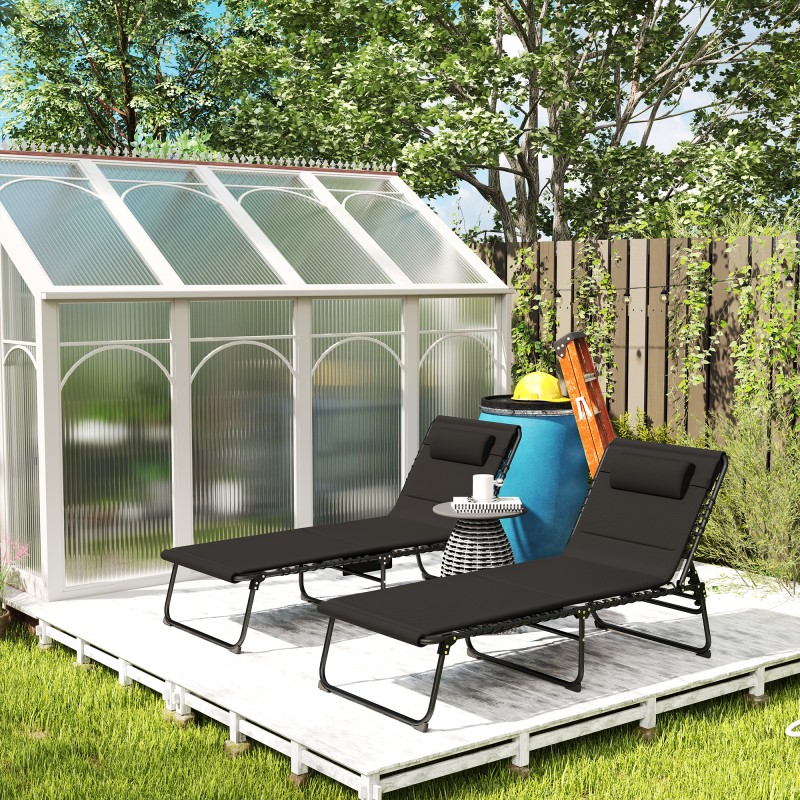 Taitettava ulkolepotuoli 2 kpl, säädettävä selkänoja, niskatyyny ja sivutasku, teräsrunko, musta