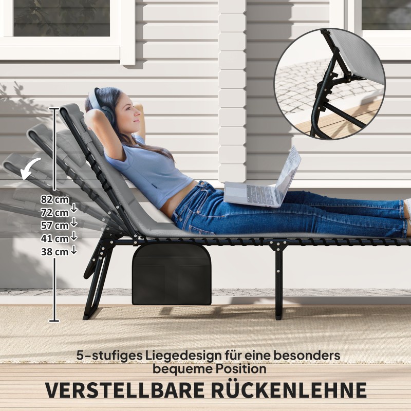 Taitettava puutarhan lepotuolisetti 2 kpl, teräsrunko, 5-asentoinen selkänoja, sivutasku, tummanharmaa