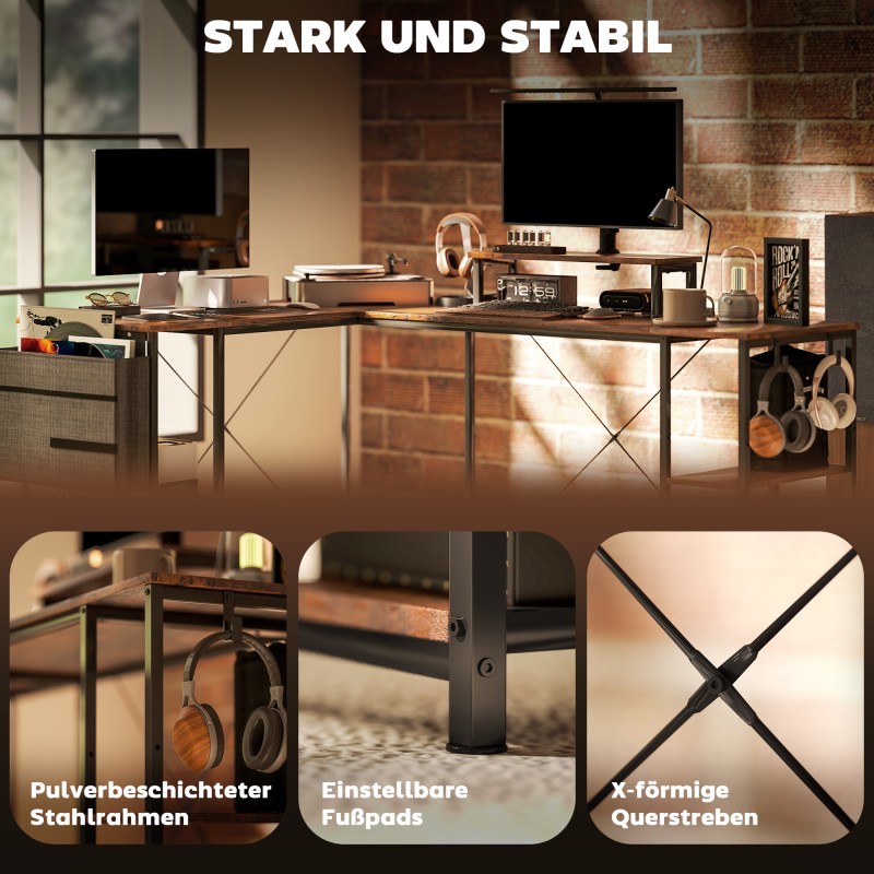 L-muotoinen työpöytä kotitoimistoon, lastulevy ja metalli, 168/240 cm, rustiikin ruskea