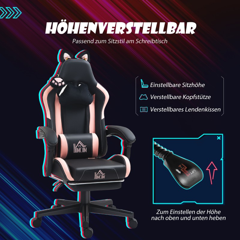 Pelituoli kissankorvilla, kallistettava selkänoja ja jalkatuki, keinonahka, 120 kg, rosa/musta